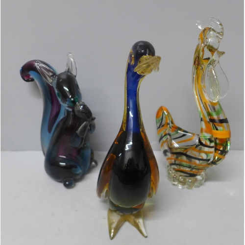 762 - Three Murano glass models of a squirrel, duck and cockerel