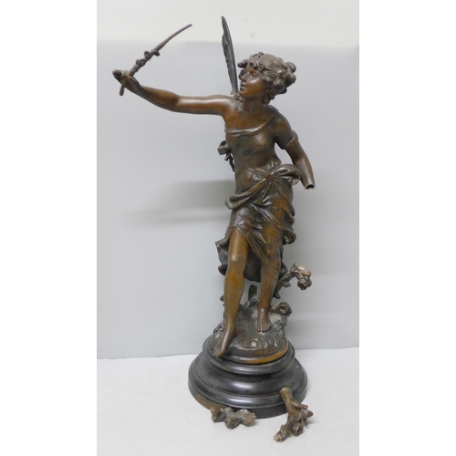 763 - A spelter figure, Fee Aux Fleurs (Fairy of the flowers), after Louis Moreau, a/f, 48cm