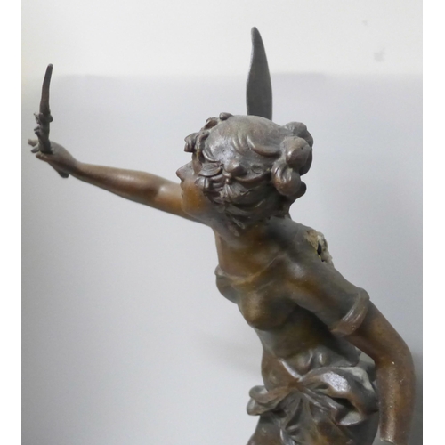763 - A spelter figure, Fee Aux Fleurs (Fairy of the flowers), after Louis Moreau, a/f, 48cm