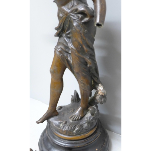 763 - A spelter figure, Fee Aux Fleurs (Fairy of the flowers), after Louis Moreau, a/f, 48cm