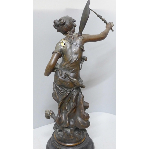 763 - A spelter figure, Fee Aux Fleurs (Fairy of the flowers), after Louis Moreau, a/f, 48cm