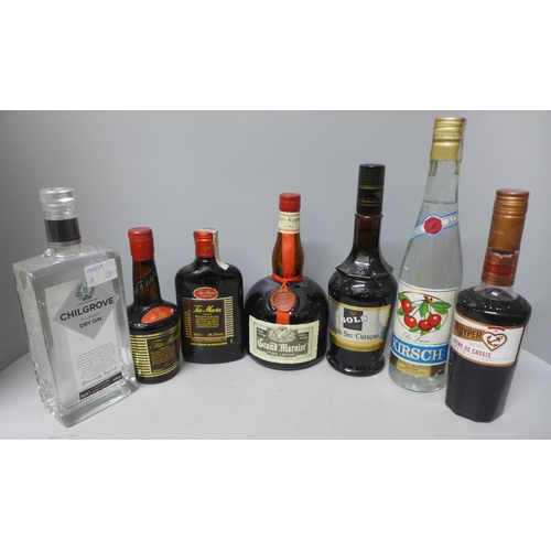 765 - A selection of alcohol; 70cl Chilgrove dry gin, 30cl and 350ml bottles of Tia Maria, 75cl Kirsch, 70... 