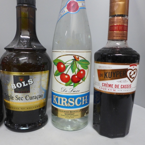 765 - A selection of alcohol; 70cl Chilgrove dry gin, 30cl and 350ml bottles of Tia Maria, 75cl Kirsch, 70... 