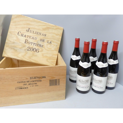 766 - Five bottles of 2006 Julienas Beaujolais in a wooden box **PLEASE NOTE THIS LOT IS NOT ELIGIBLE FOR ... 