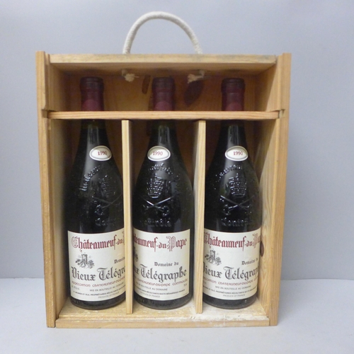 773 - Three bottles of 1990 Chateuneuf du Pape Vieux Telegraphe in wooden box **PLEASE NOTE THIS LOT IS NO... 
