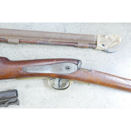 777 - Two muskets, both in parts, for repair/restoration, one marked Sherwood Rengers M Troop 1