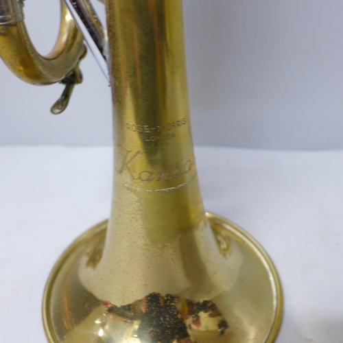 784 - A trumpet, marked Rose-Morris, London, 'Kansas', made in Czechoslovakia, cased