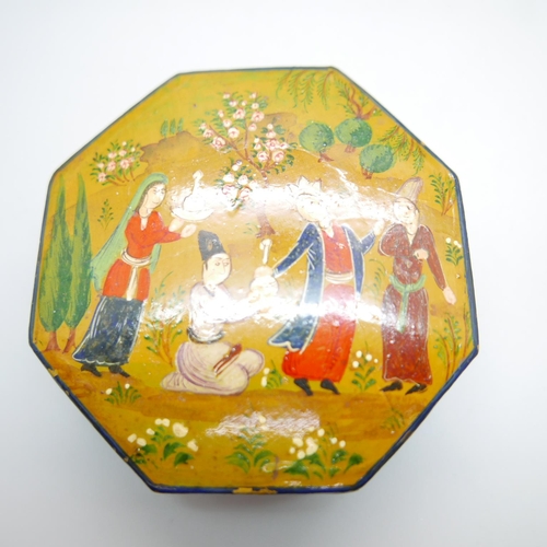 788 - A Persian black hexagonal hand painted lacquered trinket box and three Russian black lacquered hand ... 