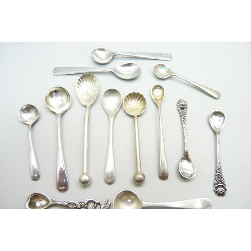 805 - Ten silver salt and mustard spoons and five plated