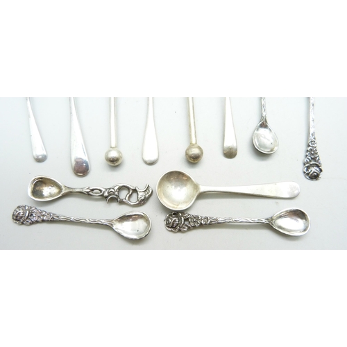 805 - Ten silver salt and mustard spoons and five plated