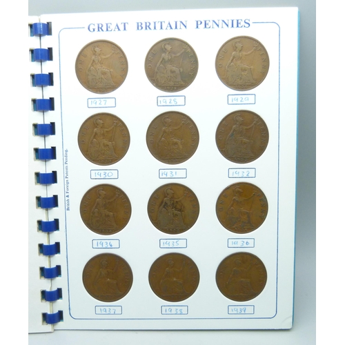 817 - GB pennies, 1900-1939, in presentation folder, and five commemorative crowns