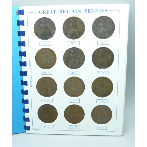 817 - GB pennies, 1900-1939, in presentation folder, and five commemorative crowns