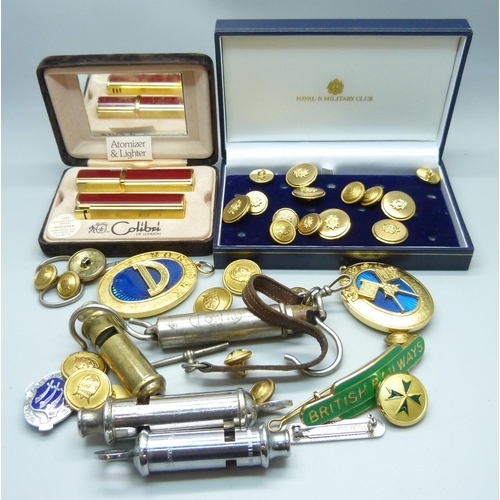 834 - Masonic badges, whistles, a boxed Calibri lighter and atomiser, BR badges, etc.