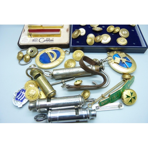 834 - Masonic badges, whistles, a boxed Calibri lighter and atomiser, BR badges, etc.