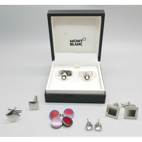 839 - A pair of 925 silver Mont Blanc Germany cufflinks, with box, a pair of hallmarked silver and enamell... 