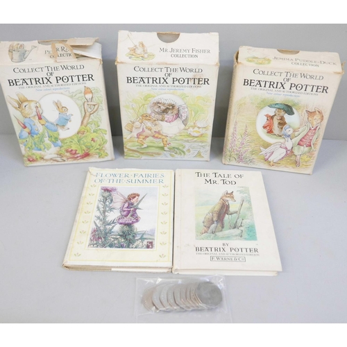 850 - A collection of Beatrix Potter books and ten Beatrix Potter 50p coins