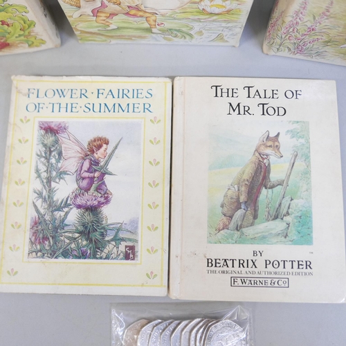 850 - A collection of Beatrix Potter books and ten Beatrix Potter 50p coins