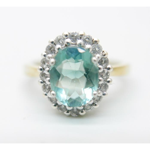 871 - A silver gilt, green fluorite and topaz ring, S