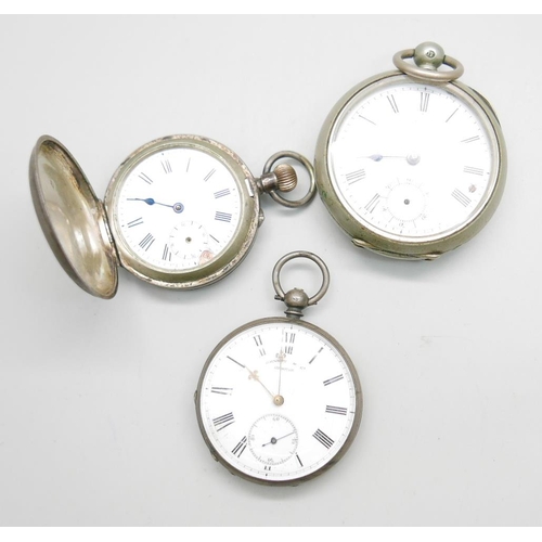 880 - Two pocket watches, one marked fine silver, one marked 800, and one other pocket watch, a/f