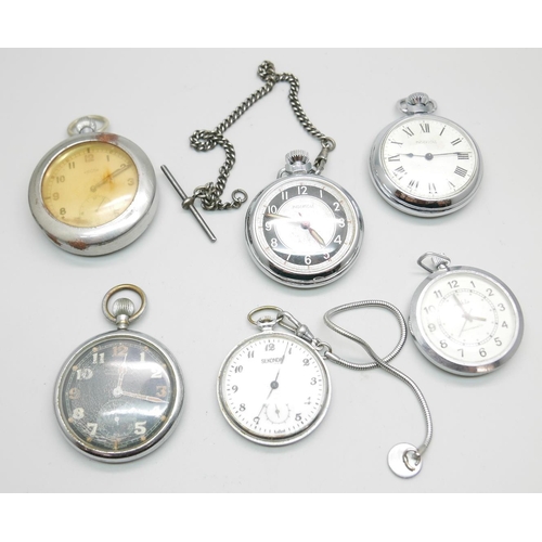 883 - A Jaeger-LeCoultre military issue pocket watch, GSTP U.222, and five other pocket watches