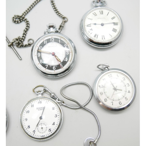 883 - A Jaeger-LeCoultre military issue pocket watch, GSTP U.222, and five other pocket watches