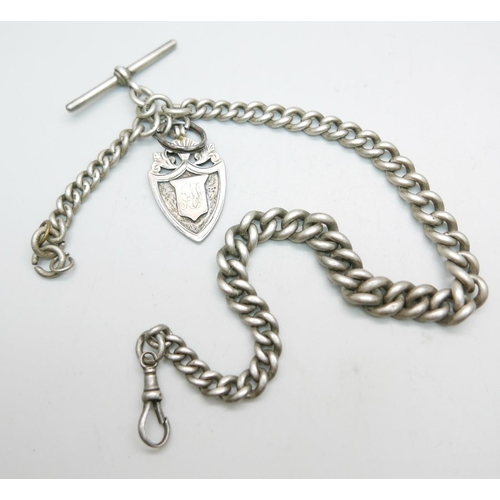 926 - A c1900 sterling silver Albert chain with T-bar and silver fob medal, 'Burton Cage Bird Society, 191... 