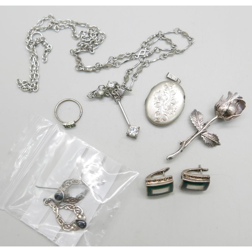 935 - A silver locket, a pair of Celtic earrings, a silver rose brooch, etc., (necklace requires fastener)