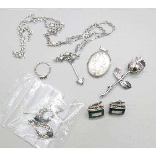 935 - A silver locket, a pair of Celtic earrings, a silver rose brooch, etc., (necklace requires fastener)