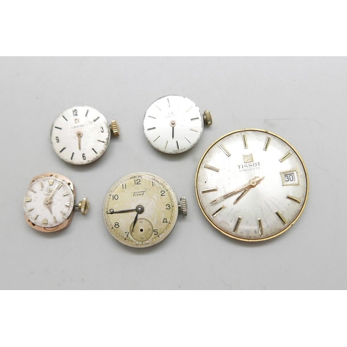 937 - Three lady's Omega wristwatch movements, a lady's Tissot movement and gentleman's Tissot movement, (... 