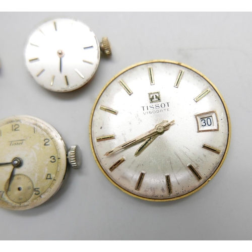 937 - Three lady's Omega wristwatch movements, a lady's Tissot movement and gentleman's Tissot movement, (... 