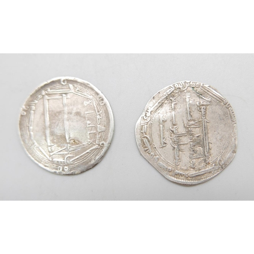 939 - Two silver Dirham coins, (Medieval Islamic Abbasid Caliphate)