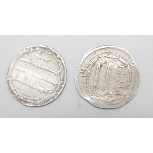 939 - Two silver Dirham coins, (Medieval Islamic Abbasid Caliphate)