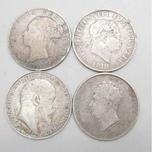 943 - Four silver half crowns, 1819, 1825, 1881 and 1909