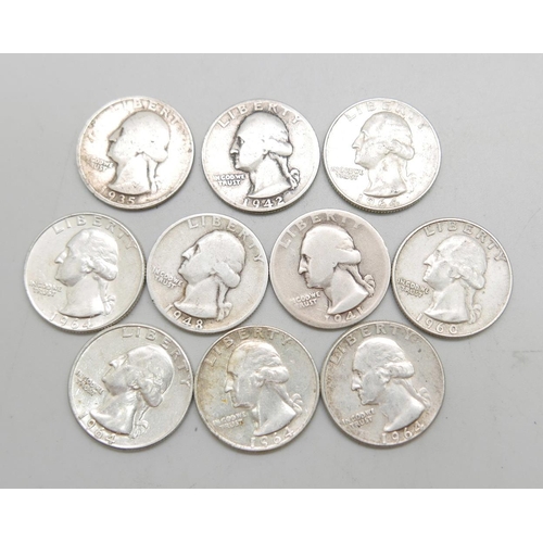 946 - Ten US quarter dollars, 900 silver, 61.6g