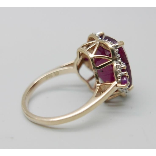 949 - A 9ct gold, ruby and diamond ring, 5.5g, L