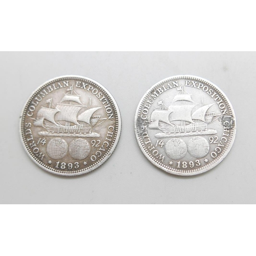 956 - Two US Columbian half-dollar coins, World's Columbian Exposition Chicago 1893, 24.9g