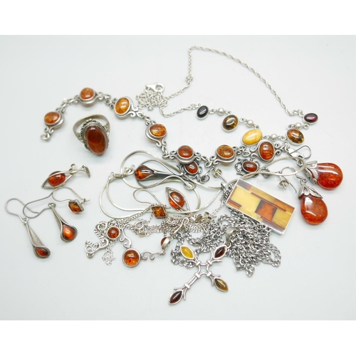 967 - A collection of silver and amber jewellery