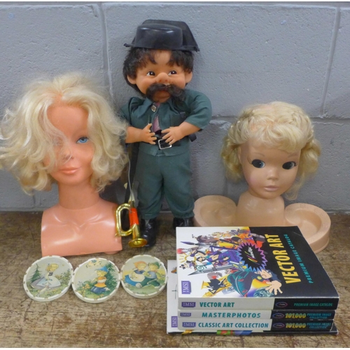 981 - Two Sindy styling head girl's toys, vintage one boxed, one boxed Muneco musical toy, thre Madryn min... 