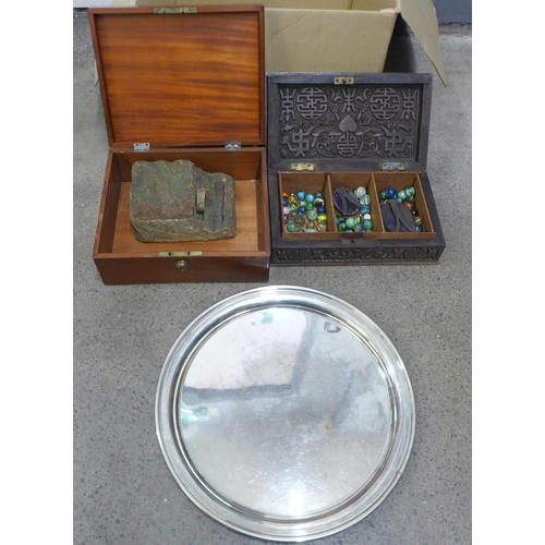 990 - A Jewish box, wooden box, plated salver and a carved Chinese wooden box with marbles **PLEASE NOTE T... 