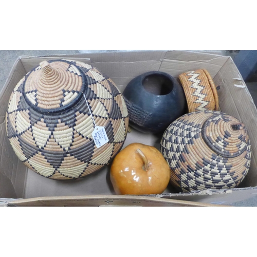 991 - Two boxes of worldwide tourist trade souvenirs including South African Zulu basket **PLEASE NOTE THI... 