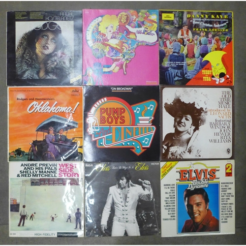 992 - Two boxes of LP records, 1960s/70s and later, Elvis Presley, other 60s artists, comedy, show tunes, ... 