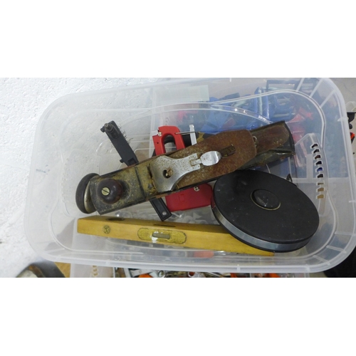2024 - Three plastic tubs of assorted hand tools including, wood plane, Fisco tape measure, a quantity of a... 