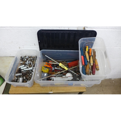2026 - 3 Plastic tubs of assorted tools including approx. 60 sockets, bolt remover, rivet gun. chisels incl... 