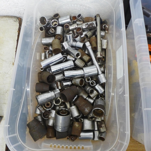 2026 - 3 Plastic tubs of assorted tools including approx. 60 sockets, bolt remover, rivet gun. chisels incl... 