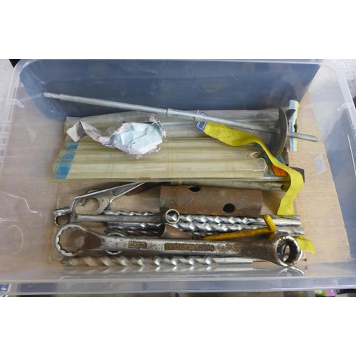 2029 - A tray of assorted large size drill bits and spanners including Brit tool and King Dick