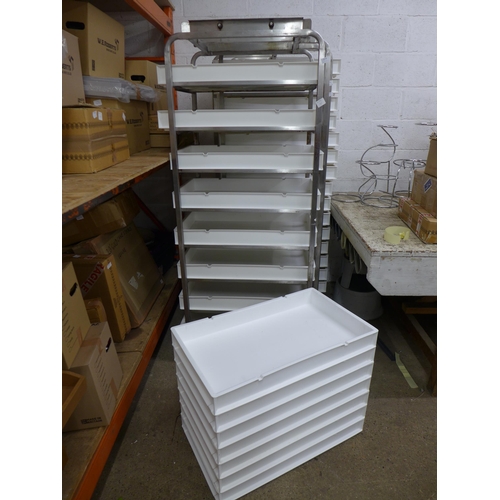 2234 - An 8 tray food production trolley with 15 white plastic trays