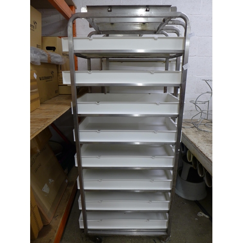 2234 - An 8 tray food production trolley with 15 white plastic trays