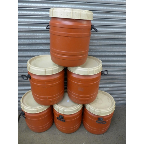 2243 - Six red plastic storage/brewing barrels