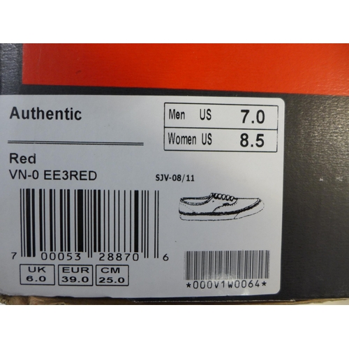 2299 - Two pairs of Vans Authentic red lace up trainers; women's 8.5/men's 7.0 - unworn in box