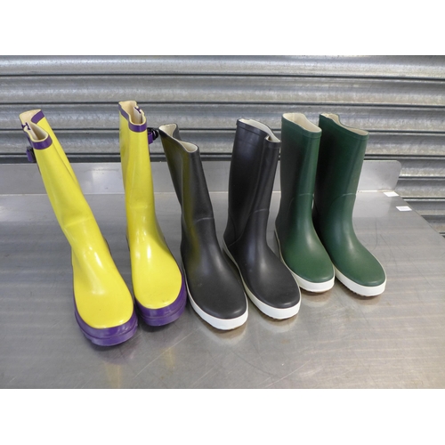 2326 - 3 Pairs of Wellington boots; Schuh black size 6 and unbranded yellow and purple size 6 plus a pair o... 